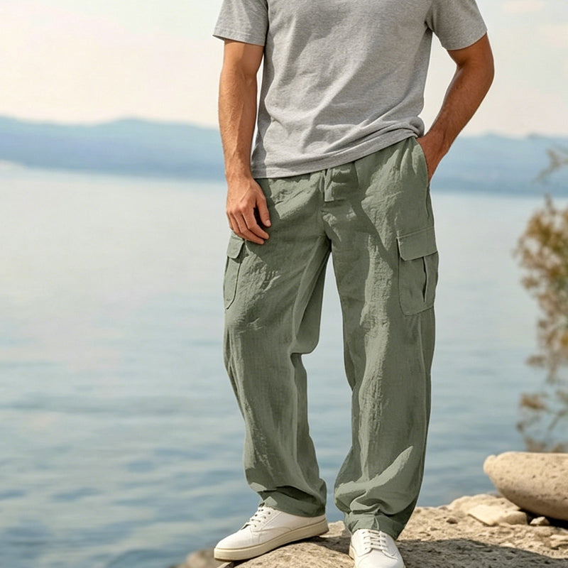 Men's Cotton Linen Cargo Pants with Drawstring Waist