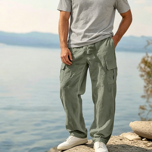 Men's Cotton Linen Cargo Pants with Drawstring Waist