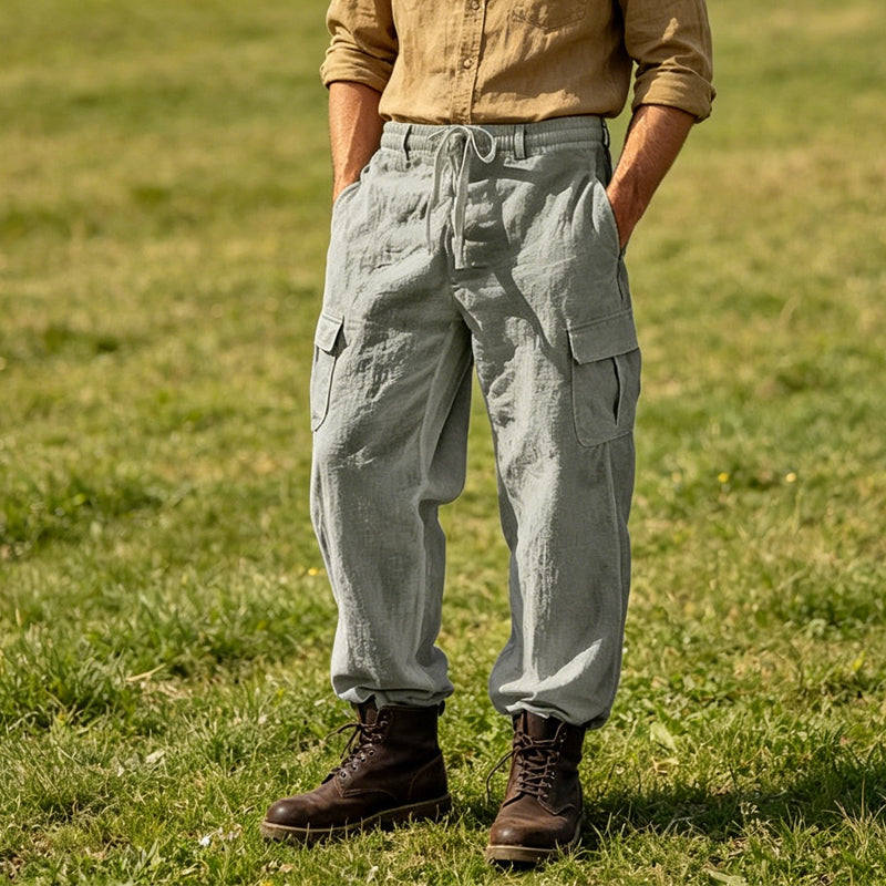 Men's Cotton Linen Cargo Pants with Drawstring Waist