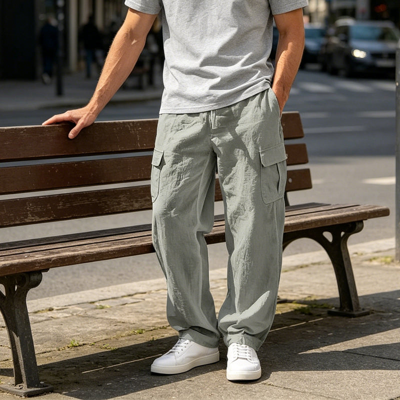 Men's Cotton Linen Cargo Pants with Drawstring Waist