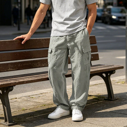 Men's Cotton Linen Cargo Pants with Drawstring Waist