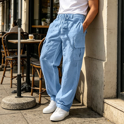 Men's Cotton Linen Cargo Pants with Drawstring Waist