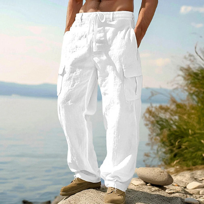Men's Cotton Linen Cargo Pants with Drawstring Waist
