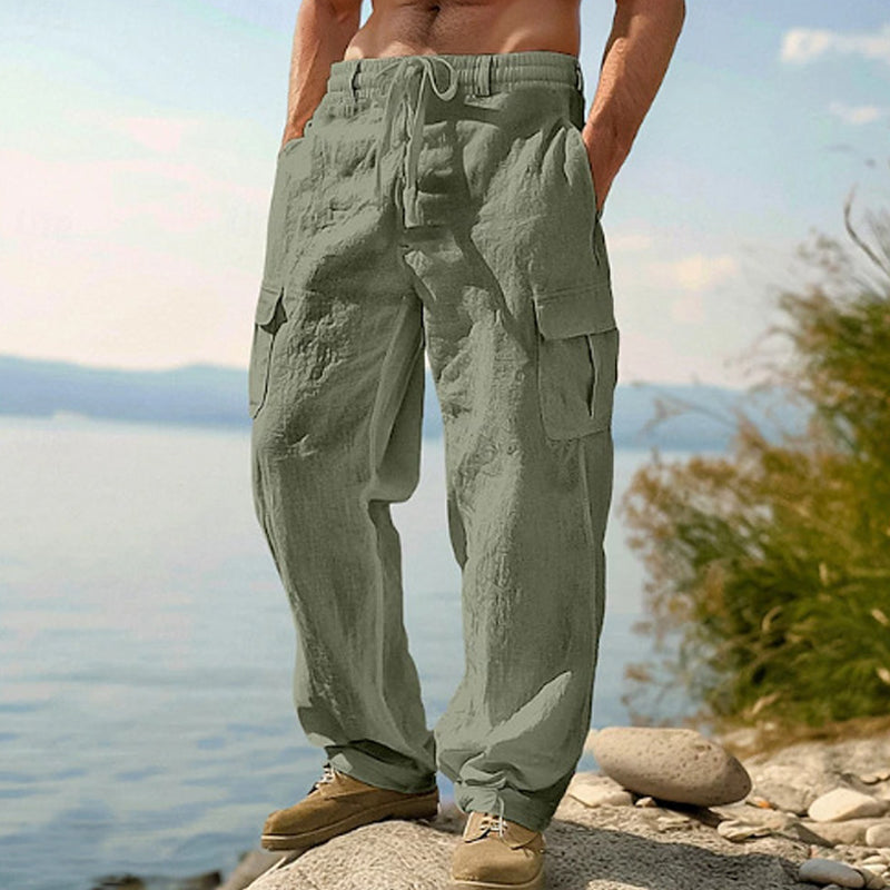 Men's Cotton Linen Cargo Pants with Drawstring Waist