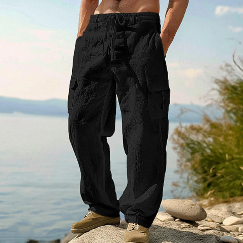 Men's Cotton Linen Cargo Pants with Drawstring Waist