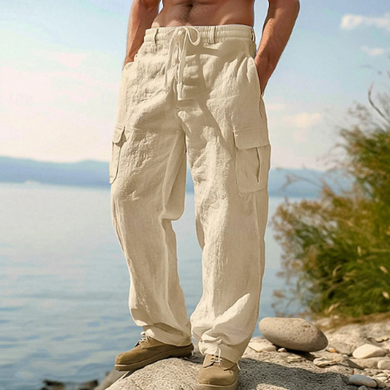 Men's Cotton Linen Cargo Pants with Drawstring Waist