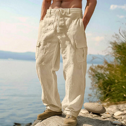 Men's Cotton Linen Cargo Pants with Drawstring Waist