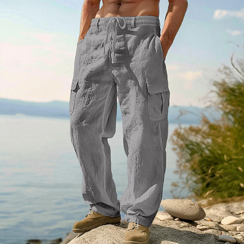 Men's Cotton Linen Cargo Pants with Drawstring Waist