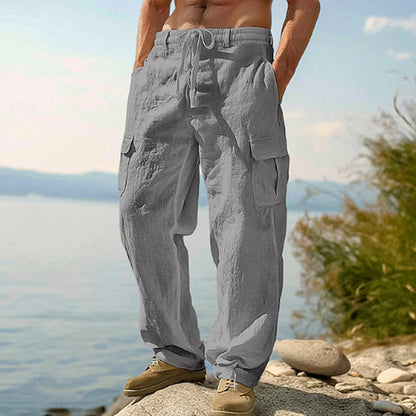 Men's Cotton Linen Cargo Pants with Drawstring Waist
