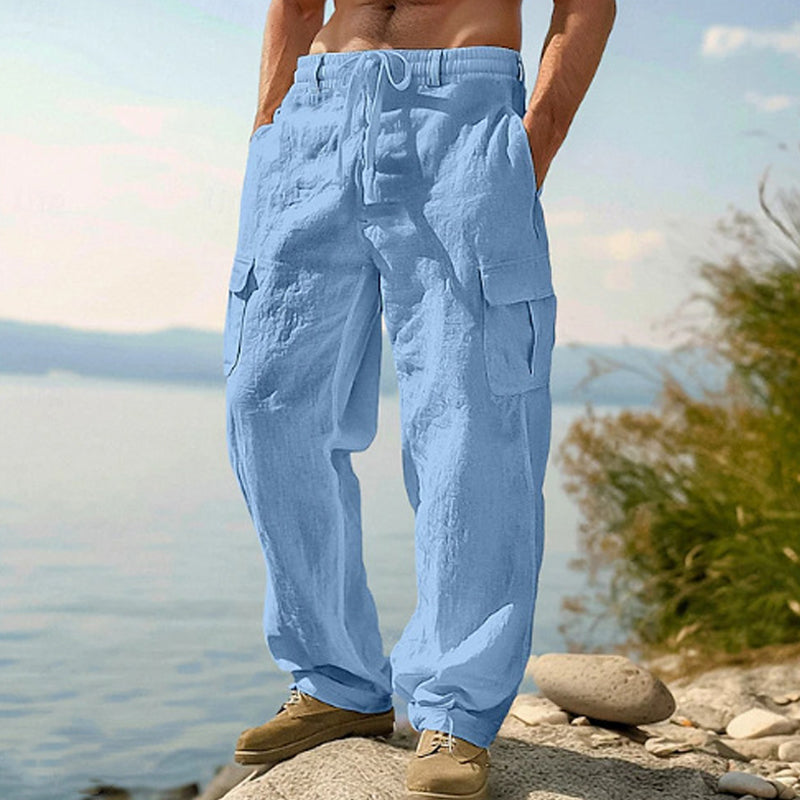 Men's Cotton Linen Cargo Pants with Drawstring Waist